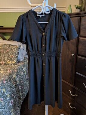 Monteau Black Button-Front Short Sleeve Dress